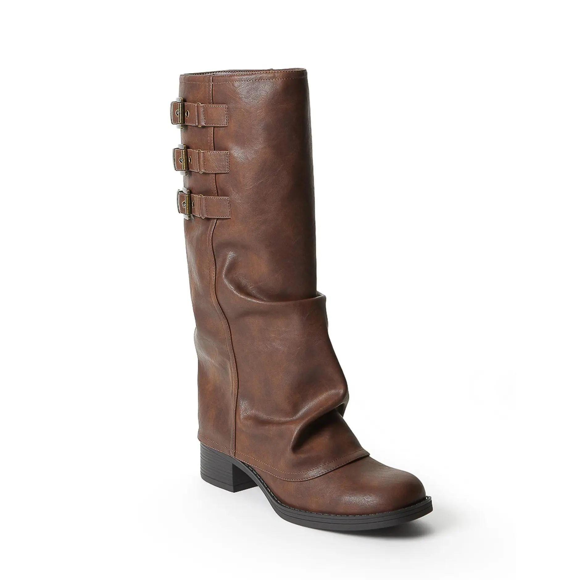 JUST FAB Women's Vintage Fashion Boot - 50mm Block Heel Slouch Mid-Calf Moto Boots, Triple Buckle, 100% Dress Calf Faux Leather, Classic Western Casual Walking Shoes for Fall Streetwear, Western Elegance, Alternative Style, Statement Shoes, Tpr Sole, Pu U