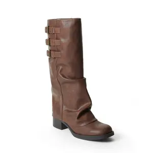 JUST FAB Women's Vintage Fashion Boot - 50mm Block Heel Slouch Mid-Calf Moto Boots, Triple Buckle, 100% Dress Calf Faux Leather, Classic Western Casual Walking Shoes for Fall Streetwear