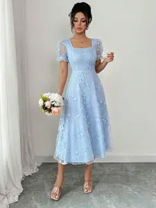 Elegant Blue Lace Embroidered Short Sleeve Party Dress, Women's Formal Evening Gown, Chic & Stylish Design for Special Occasions