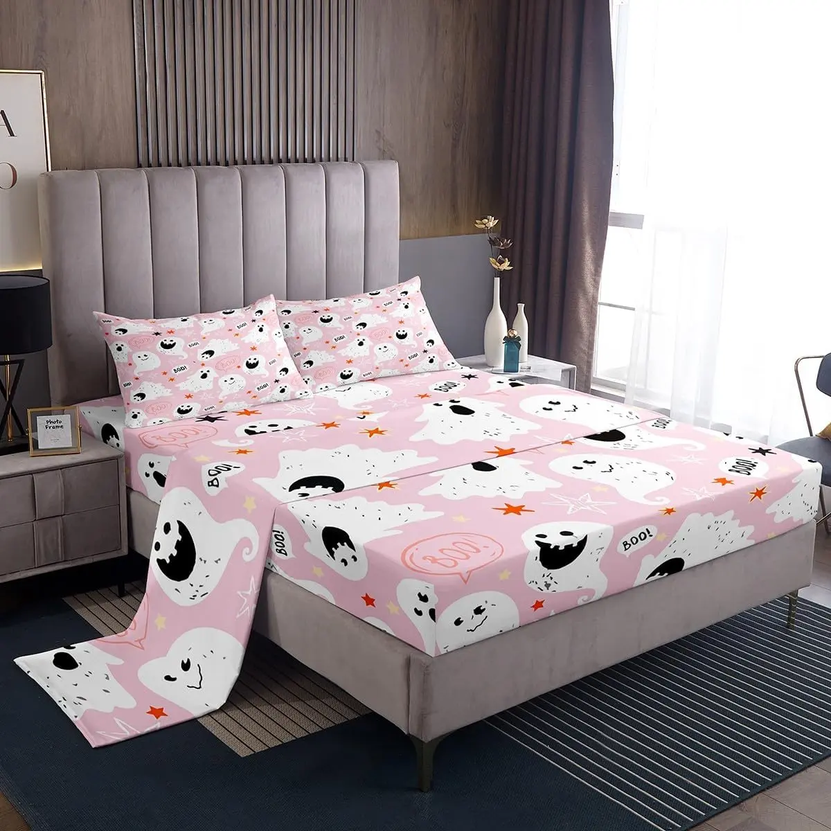 Feelyou Halloween Ghost Pattern Microfiber Sheet Set - Breathable Durable Decorative Soft Bedding for Halloween House Decor, Bedsheet Sets, Breathable Durable Sheets, Decorative Bedsheet Sets