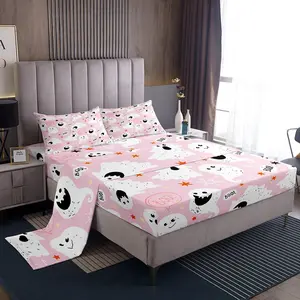 Halloween Fitted Sheet,Ghost Pink House Decor Bedding Set Decoration,Happy Funny Halloween Cute Sheets Set Kawaii Bed Sheet Set Collection