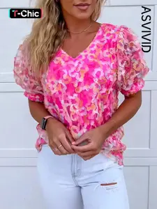 Women's elegant V-neck floral printed mesh short puff sleeve blouse