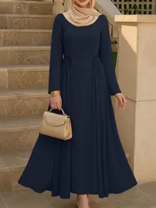 Women's Solid Color Long Dress, Round Neck Long Sleeve Design, Casual Loose-Fitting Draped Dress for Daily Commuting, Hijabi Cute Dresses