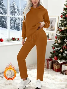 Women's Fleece Lined Long Sleeve Pants Set, Christmas Theme Hooded Sweatshirt & Straight Leg Pants, Casual Warm Two-Piece