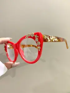 Women's Elegant Leopard & Flower & Rhinestone Decor Eyeglasses, Trendy Casual Cat Eye Frame Eyeglasses for Everyday Use, Fashion Accessories for Women & Girls, Leopard Pattern Eyeglasses