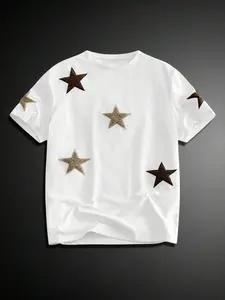 Men's t shirts - Men White Star Embroidered T Shirt Short Sleeve Casual Daily Wear Tee vacation outfit male clothing vacation clothes spring and summer clothes summer outfits summer mens clothing summer men clothes men's clothing mens clothing Menswear