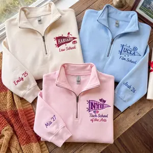 Embroidered Custom University Quarter Zip, Personalized College Name Pennant Crewneck, Graduation Gift for Her,Custom Name on Sleeve Sweater