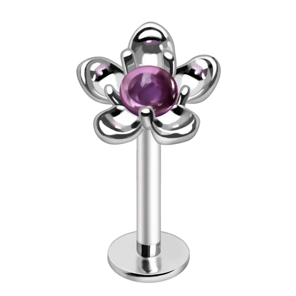 Purple Stone Flower Flat Back Stud - 316L Stainless Steel