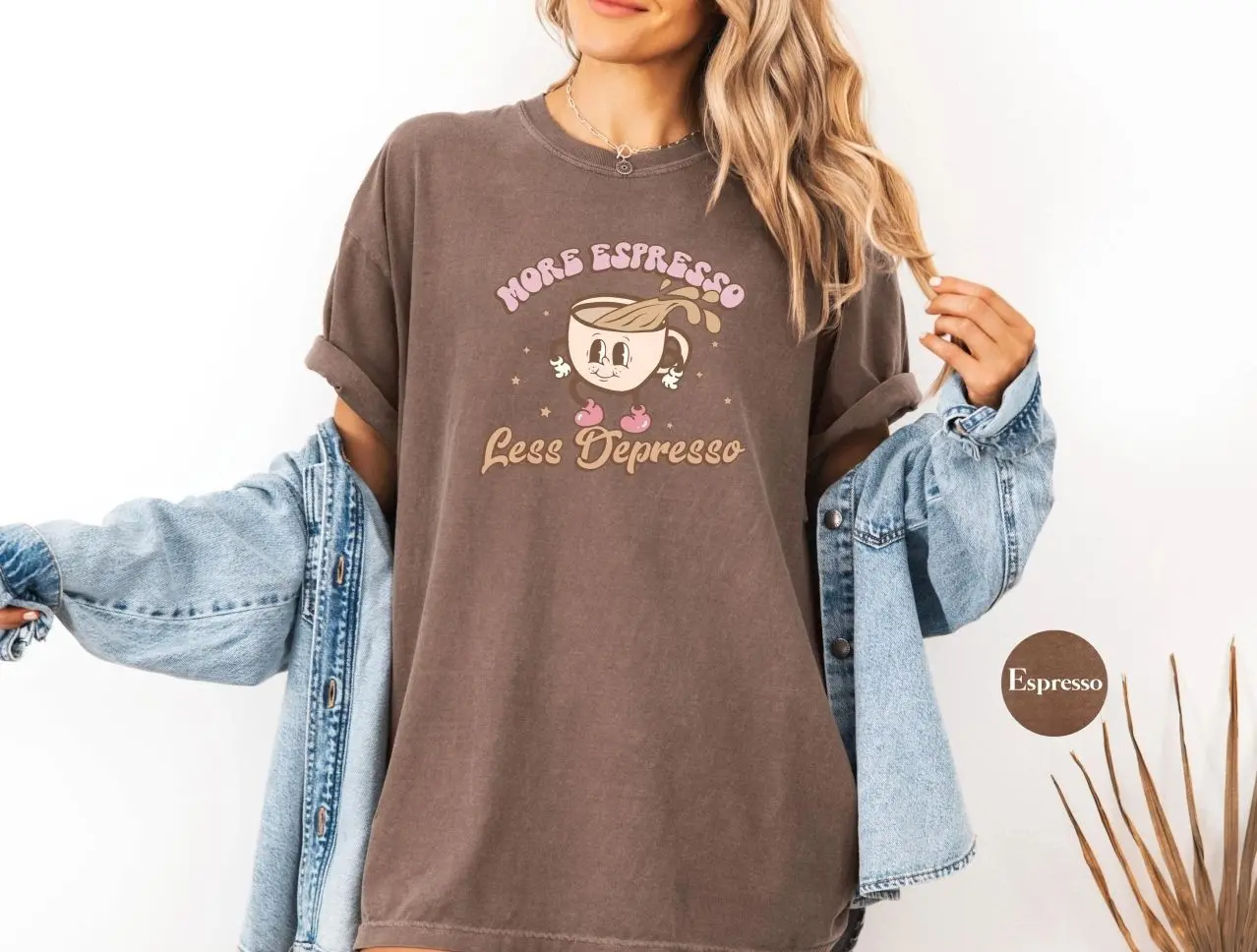 Comfort Colors More Espresso Less Depresso T-Shirt, Vintage Funny Coffee Lover Graphic Tee, Retro Espresso Lover Shirt, Mental Health Awareness Apparel, Aesthetic Coffee Addict Clothing, Cute Barista Outfit, Funny Coffee Gift for Women & Men