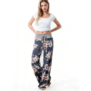 Women's fashionable floral printed pants loose pants wide leg pants home pants comfortable sleeping pants Pajamas