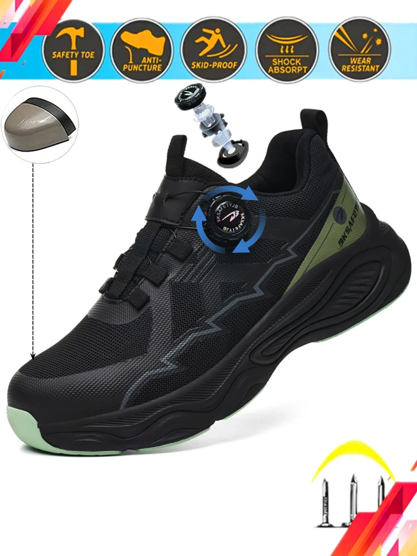 Safety Shoes with Steel Toe and Kevlar Construction, Puncture-Resistant and Breathable Mesh, Anti-Slip Rubber Sole for All Seasons Walking Shoes, Safety Outdoor Shoes, Safety Work Shoes