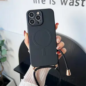 Minimalist Crossbody Strap Liquid Silicone Magnetic Phone Case for iPhone 17 16 15 14 Plus 13 12 Pro Max 11 - Crossbody Phone Lanyard Shockproof Protective Case