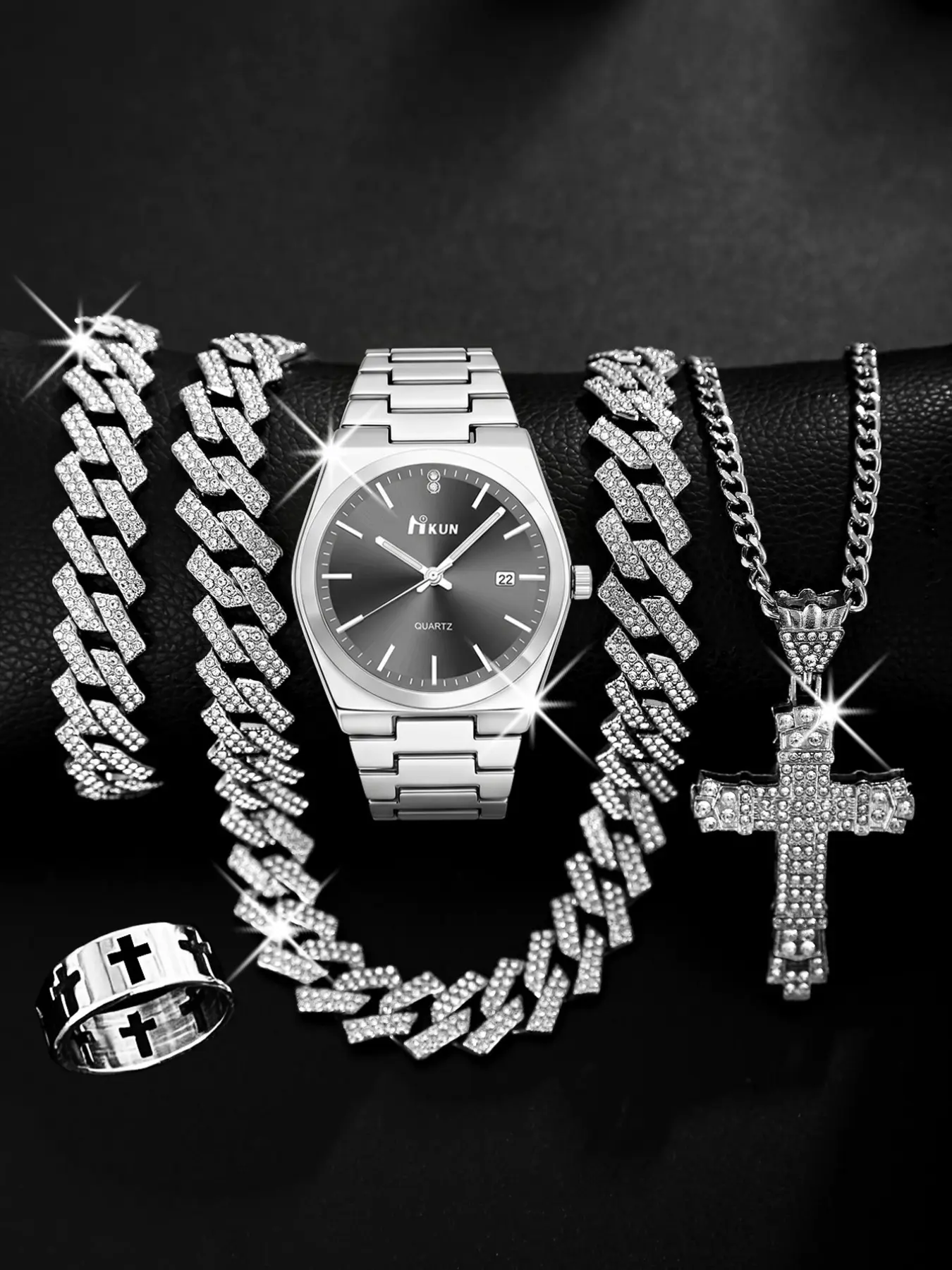 Hip Hop Style Full Diamond Cuban Chain Watch Set, Cross Pendant Necklace Ring Combo, Trendy Men's Accessories Five Piece Set