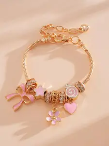 A Sweet Birthday Gift: Gold-Tone Charm Bracelet for Girls with Pink Bow, Stars, Flowers & Hearts on a Dainty Snake Chain, a Dainty & Versatile Piece of Girls Jewelry, Flower Design Bracelet