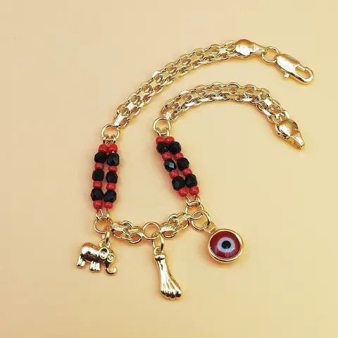 Unisex Beaded Bracelet - Bohemian Sports Wristband with Red & Black Mix Beads, Gold-Plated Copper Elephant & Devil's Eye Charms, Metal Coating, Festive Ethnic Jewelry for Music Festivals