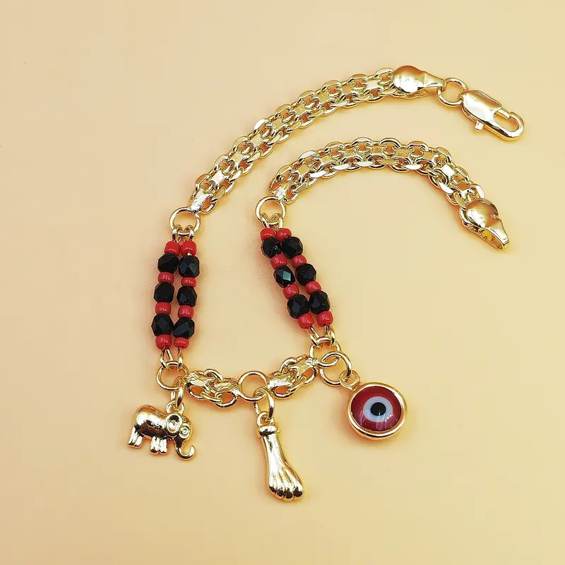 Unisex Beaded Bracelet - Bohemian Sports Wristband with Red & Black Mix Beads, Gold-Plated Copper Elephant & Devil's Eye Charms, Metal Coating, Festive Ethnic Jewelry for Music Festivals