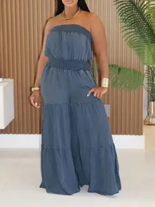 Women's A331 Plain Denim Jumpsuit, Sleeveless Halter Top & Wide Leg Pants Set, Spring Summer Casual