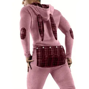 Casual Men Bodysuit, Long Sleeve Rabbit Ears Hooded Button Collar Long Trousers Openable Hip for Autumn Jumpsuit Menswear Overalls Polyester