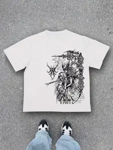 Unisex Dark Fantasy Samurai Graphic Print Short Sleeve T-Shirt, Comfortable Breathable Material, Hand-Drawn Thorn Totem, Loose Fit, Streetwear Style