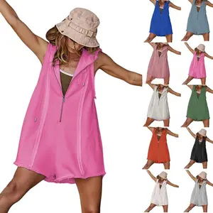 Mundoven Womenswear Knit Rompers for Women Athletic Workout Hooded Romper Casual Zip-Front Neck Jumpsuits Overalls with Pockets