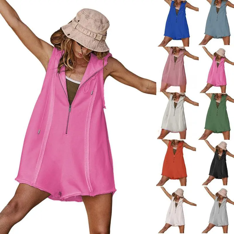 Mundoven Womenswear Knit Rompers for Women Athletic Workout Hooded Romper Casual Zip-Front Neck Jumpsuits Overalls with Pockets