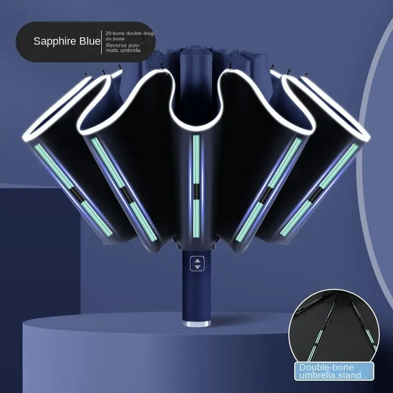 20-Rib Compact Automatic Reverse Umbrella with Cover, Sapphire Blue & Light Green, Windproof, Waterproof, UV-Protective Acrylic, Double-Bone Structure, Stylish Folding, Secure Locking for Rain & Sun Use