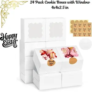 24 Pack Strawberry & Cookie Bakery Boxes with Window, White Treat Boxes with Stickers & Parchment Paper, Dessert Gift Boxes for Easter