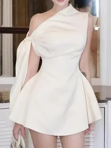 Solid Color Asymmetrical Neck Sleeveless Tie Front Mini Dress - Summer Minimalist Outfits