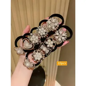 10pcs Rhinestone Faux Embellished hair band, Cute Elastic Jersey Material, Includes Minimalist & Elegant Styles Women's Hair Ties
