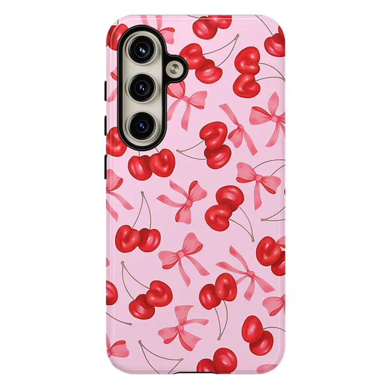 Cute Pink Cherry & Bow Phone Cases , Shockproof Rugged Cover Dual Layer Soft TPU Hard Bumper Shell for Samsung S26 S25 S24 S23 S22 S21 NOTE20 Ultra A71 A56 A36 Plus FE A06 A13 A14 A15 A16 A23 A25 A26 A34 A52 A53 A54 A55 Edge Girly