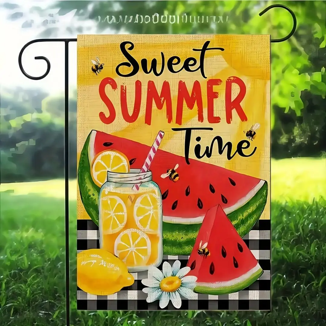 Watermelon Garden Flag - Sweet Summer, Double-Sided Design, Durable Linen, Perfect for Beach and Yard Decor, Features Mason Jar Design with Vibrant Bees and Green Watermelon Slices, Watermelon-Themed Item, No Flagpole, 12x18 Inch