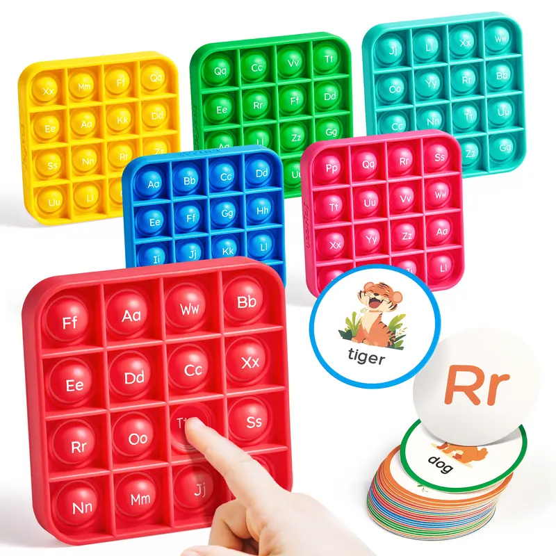 JoyCat Silicone Alphabet Bingo Board Game Set - 4-12 Yrs Unisex ABC Learning Toy, 6 Fidget Pads, 26 Flashcards, Car Ride Phonics Accessories, Dustproof Pouch, Family/Party Table Game, 2-Way Sensory Bingo, Fine Motor Skills Builder