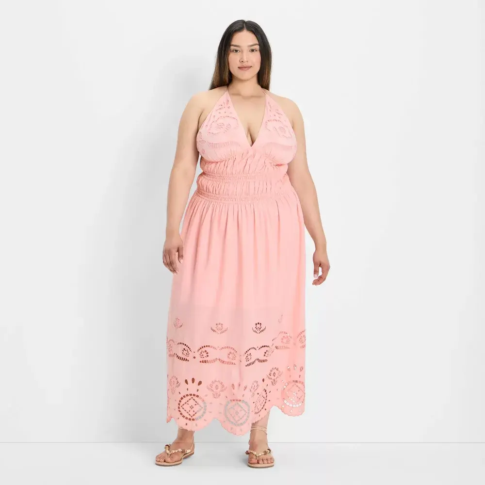 Women's Eyelet Maxi A-Line Dress - Future Collective Light Pink 1X
