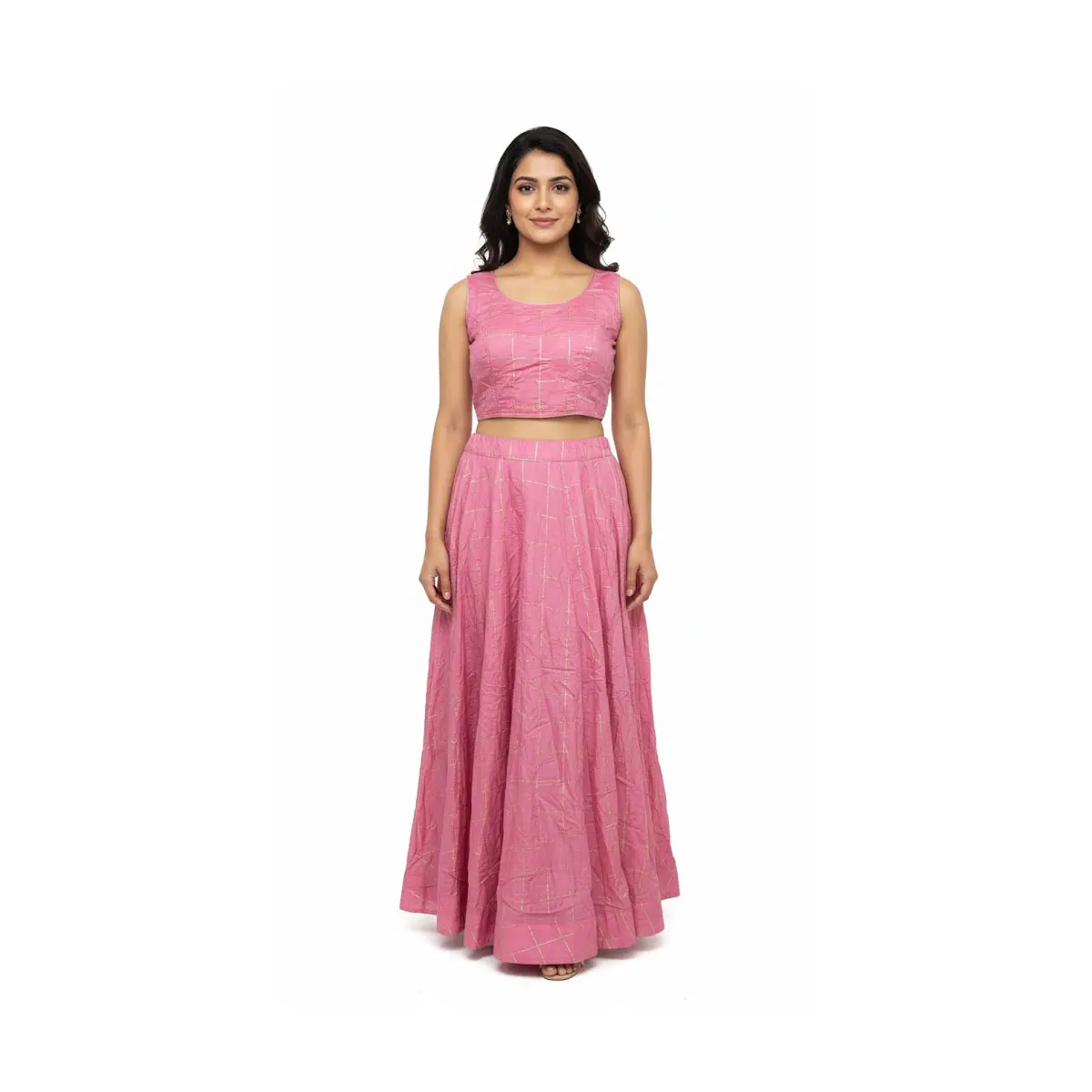 #K19 Pink Two‑Piece Crop Top & Maxi Skirt Set (lehenga)