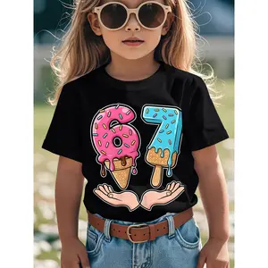 ' Funny 67 Number Ice Cream Drip Meme Graphic T-Shirt - Cute Birthday Outfit with Number 6 & 7 Design, Short Sleeve Round Neck Casual Playwear, All-Season Comfortable Casual Attire for Boys & Girls, Funny Math-Themed Birthday Party Clothes