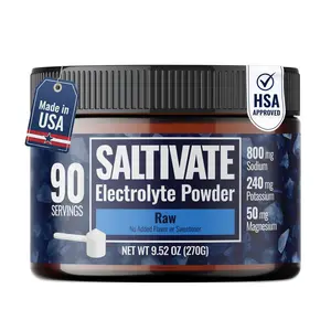 SALTIVATE Raw Electrolyte Powder - Unflavored Unsweetened 90 Servings High Sodium Potassium Magnesium No Sugar Stevia Citric Acid or Maltodextrin Made in USA
