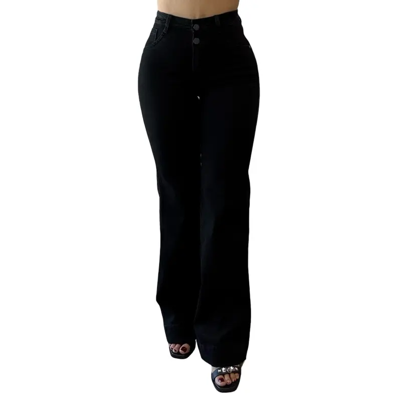 Jean Sienna Noir Stretch Colombian High-Waisted Flare Jeans for Women Black Campana Style with Double Front Buttons Soft Stretch Fabric