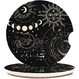2 Pack Absorbent Car Coasters for Car Cup Holders, 2.56" Ceramic Stone with Non-Scratch Cork Base Drink Coasters, Moon and Sun Pattern
