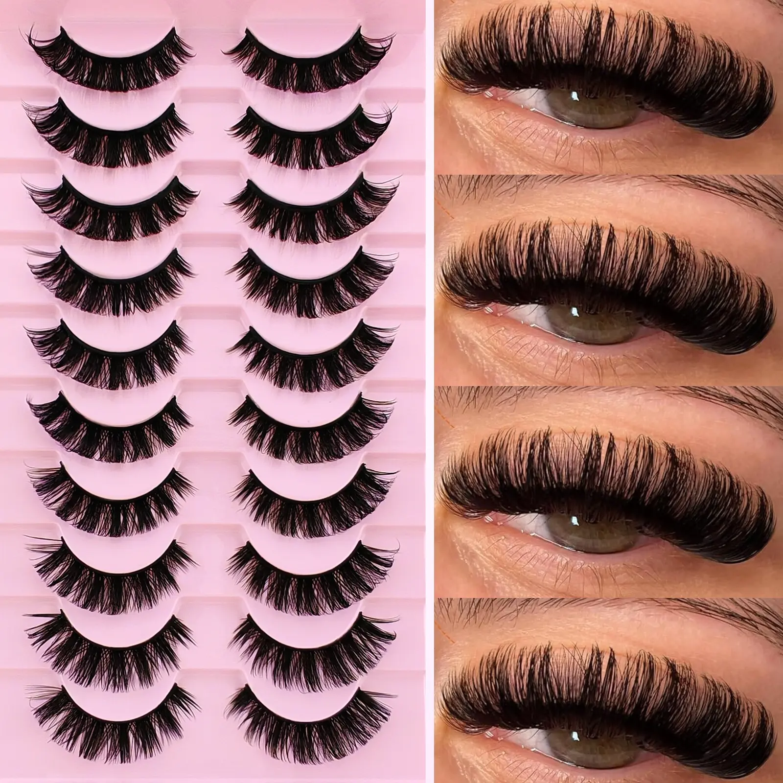 10 Pair Pack of Curled Volume Cat Eye False Eyelashes, D Curl Realistic Natural Look, Thick Fluffy Comfortable Makeup, Versatile for All Occasions