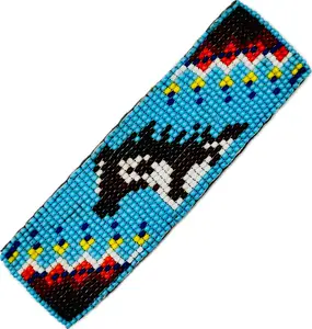 Handmade Beaded Cyan Blue and Brown Barrette with Horse Pattern