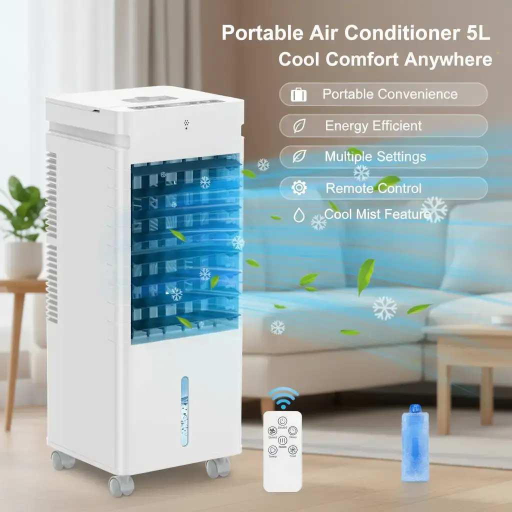 CLTTCLLCT Portable Air Conditioner, Evaporative Air Cooler with 20W Fan, 5L Tank & Ice Crystals – 3 Modes, 12 Speeds, Oscillation, Timer & Remote Control – Personal Cooling Fan for Home, Office & Summer Use [Energy Class A]