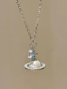 Women's Luxury Saturn Pendant Necklace, Zircon Rhodium Plated, Geometric Design, Elegant Lockbone Chain, All Season Jewelry
