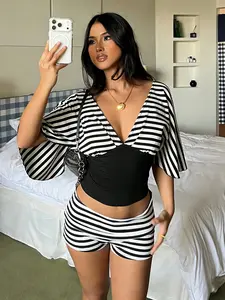 Women's Sexy Striped Knit Set Matching Shorts Set Two-Piece Belted Slim-Fitting Deep V-Neck Short Sleeve Top + Flap Low Waist Shorts