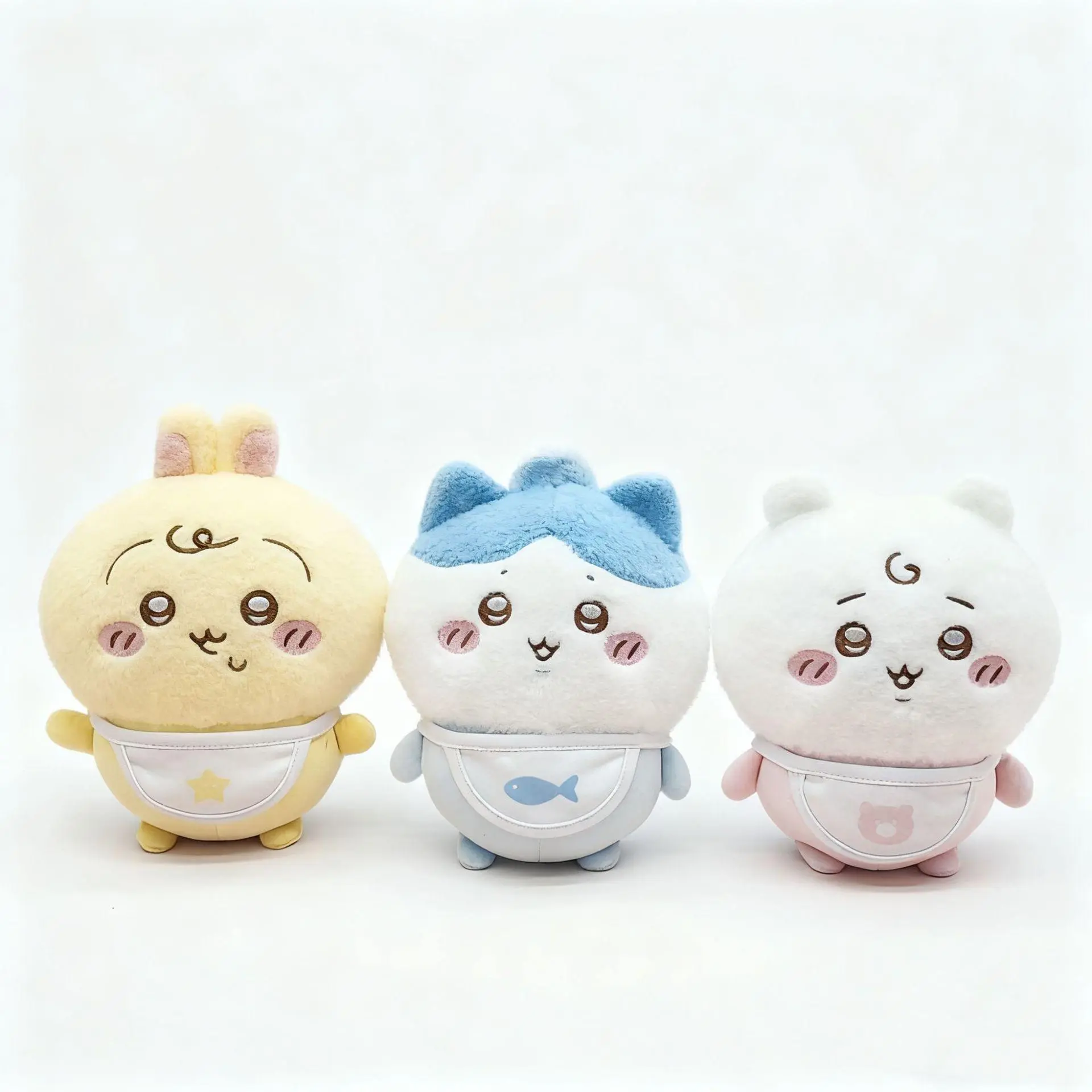 Chikawa Baby Series 8-in-1 Cute Plush Toys - Usagi Hachiware Animal Trio Soft Stuffed Dolls, Kawaii Look Round Shape Pastel Sweet Trio Plushies, Baby Bib-Inclusive Gift Item for Kids