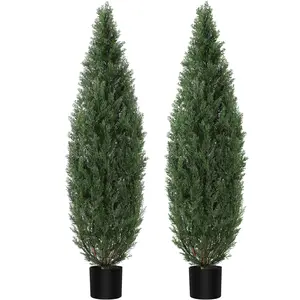UV-Protected Realistic Artificial Cedar Topiary Trees, Set of 2 – Lifelike Potted Faux Boxwood Shrubs for Indoor & Outdoor Home Decor – Perfect for Entryway, Porch, Garden – Evergreen Accent