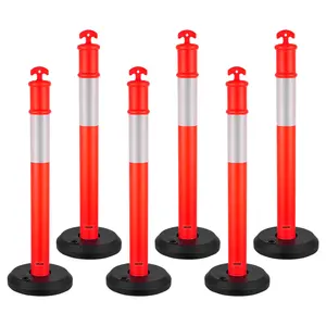 VEVOR 6 Pack Traffic Delineator Posts, 48 inches Traffic Safety Cones with Fillable Base and Reflective Strips, Heavy Duty Delineator Posts for Construction Site, Parking Lot, Crowd Control, Red