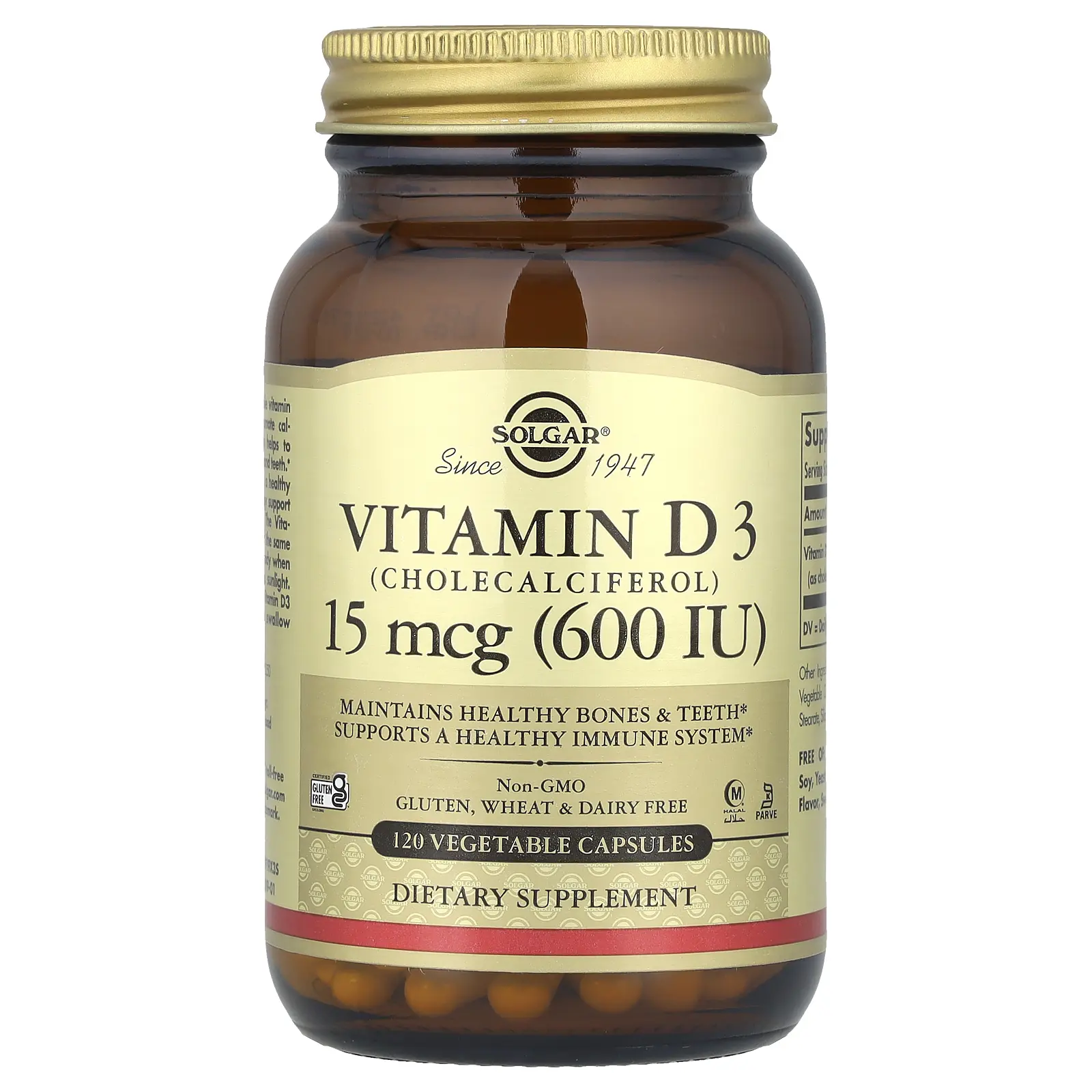 Solgar Vitamin D3 (Cholecalciferol), 15 mcg (600 IU), 120 Vegetable Capsules