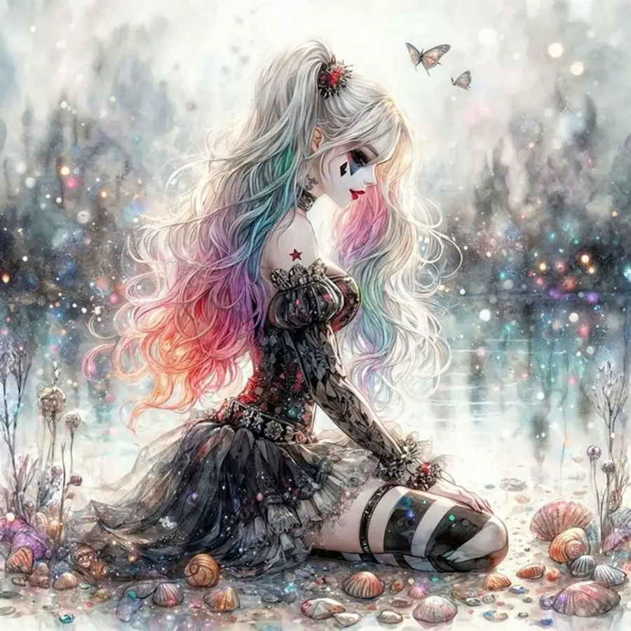 Clown Girl With Shining Shells Scenery Diamond Art Painting Diy 5d Full Drills Beauty Woman Mosaic Cross Stitch Room Decor Needle Crafts Kit