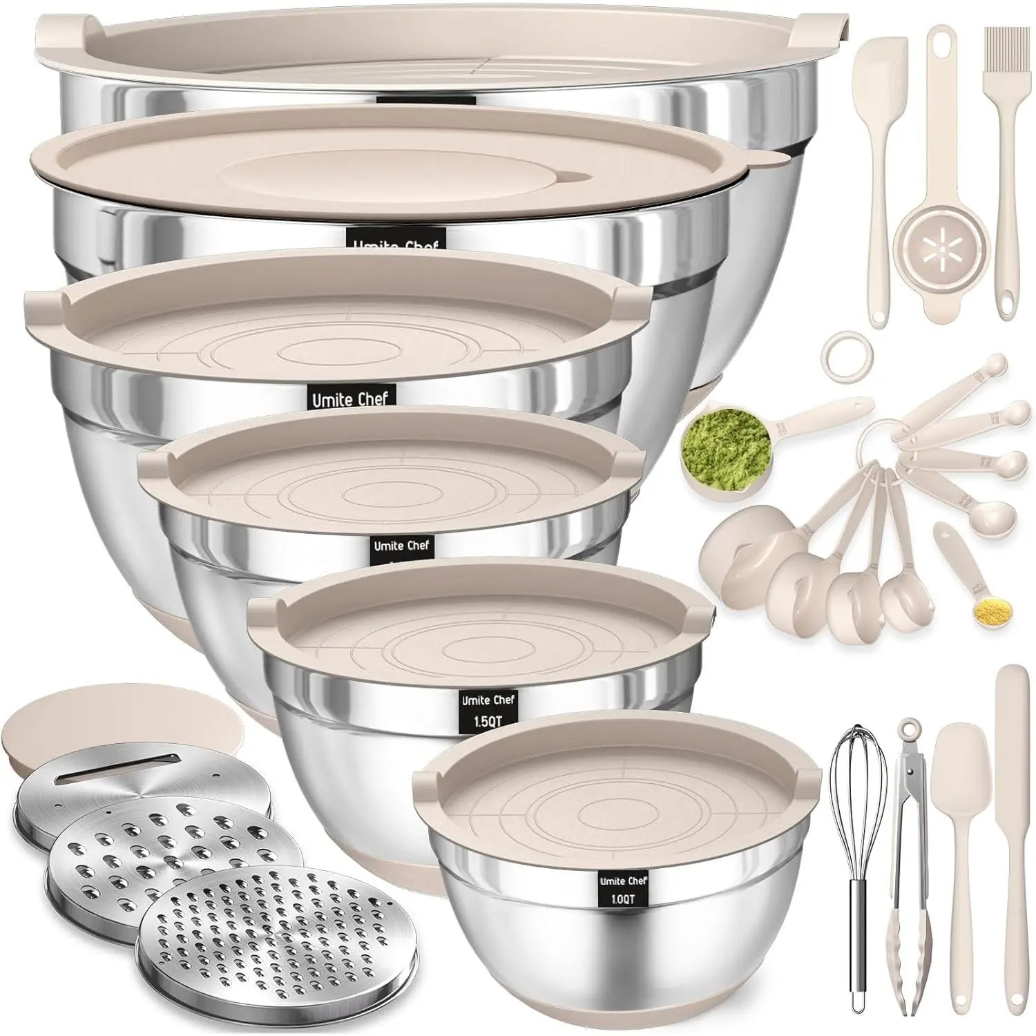 26-Piece Stainless Steel Mixing Bowls Set with Airtight Lids, Grater Attachments & Non-Slip Bottoms – Complete Kitchen Prep and Baking Essentials