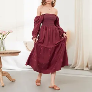 Women Summer Casual Long Dress 3D Embroidered Flowers Square Neck Puff Sleeve Dress Fashion Backless A-line Dress Flower Embroidered Long Dress Lante